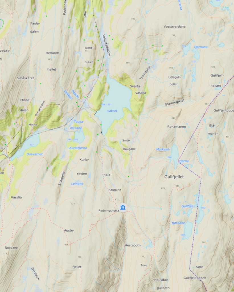 Kartutsnitt med rute til Gullfjellet, frå Ut.no.